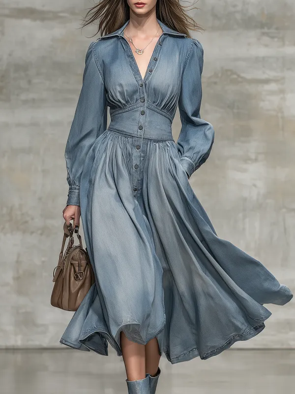 Elegant Retro Lapel Button Denim Midi Dress sold by Oyrosy