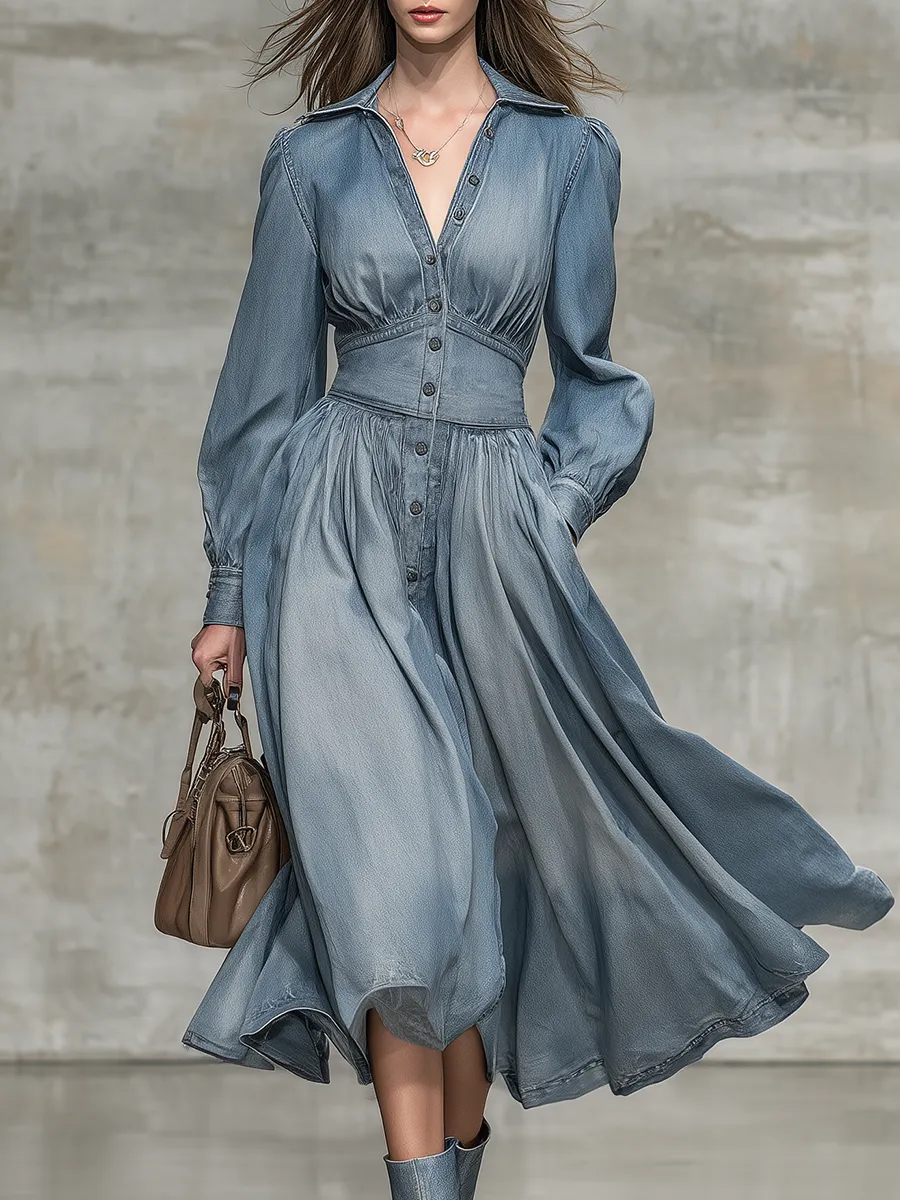 Elegant Retro Lapel Button Denim Midi Dress sold by Oyrosy