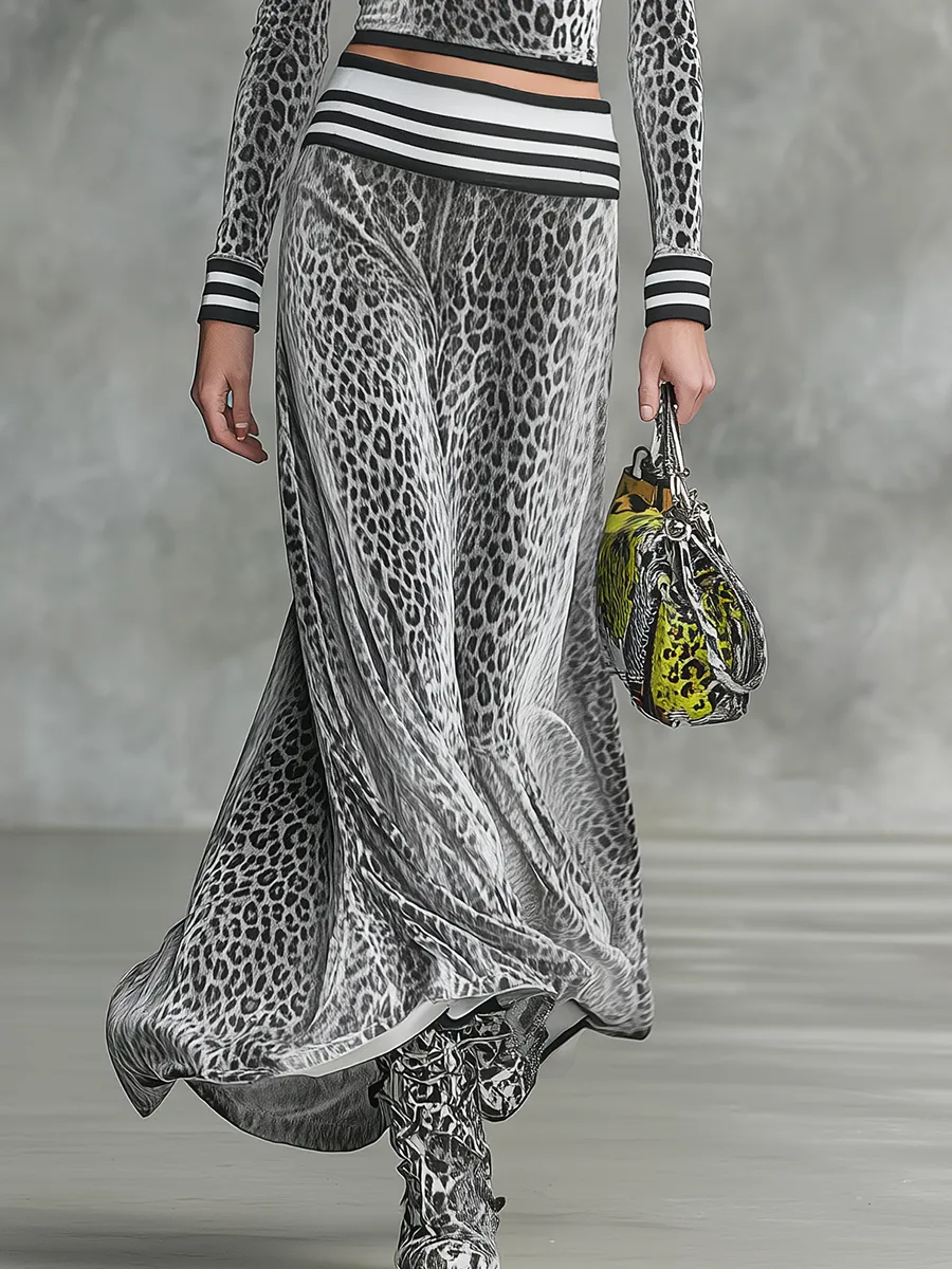 Retro Zip-up Stand-collar Leopard Print Velvet Top And Long Skirt Set sold by Oyrosy product image thumbnail 4