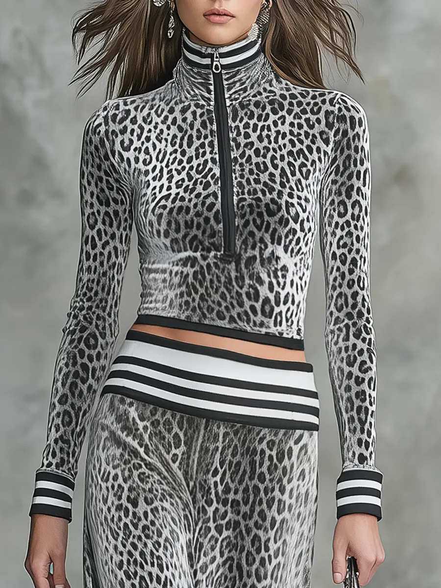 Retro Zip-up Stand-collar Leopard Print Velvet Top And Long Skirt Set sold by Oyrosy product image thumbnail 3