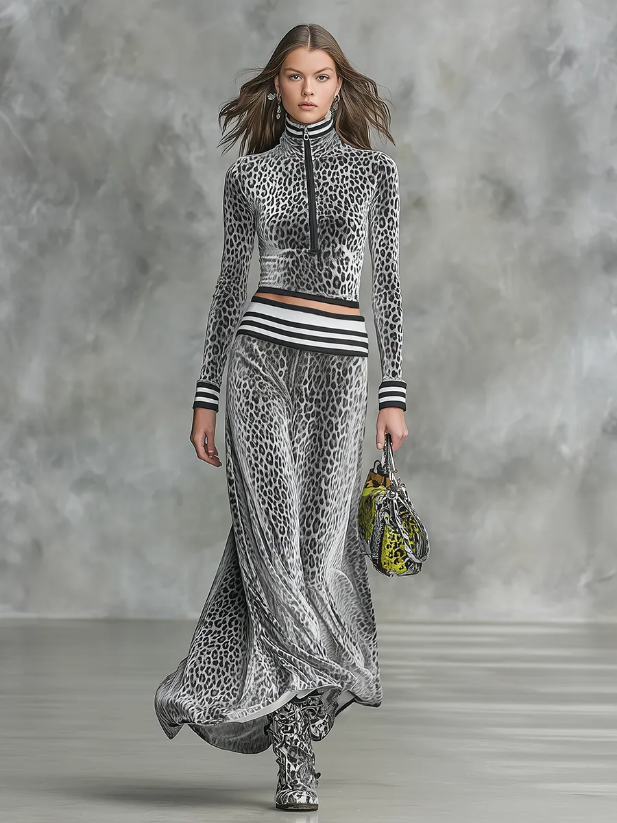 Retro Zip-up Stand-collar Leopard Print Velvet Top And Long Skirt Set sold by Oyrosy product image thumbnail 2