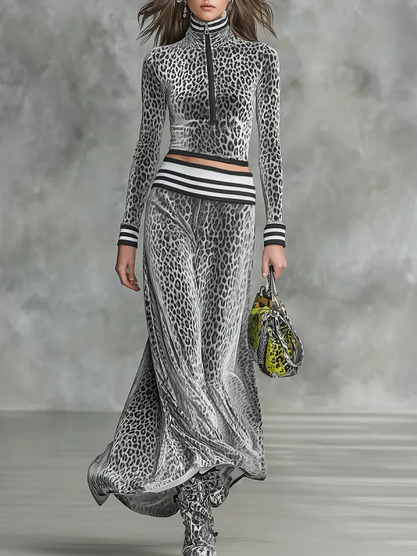 Retro Zip-up Stand-collar Leopard Print Velvet Top And Long Skirt Set sold by Oyrosy