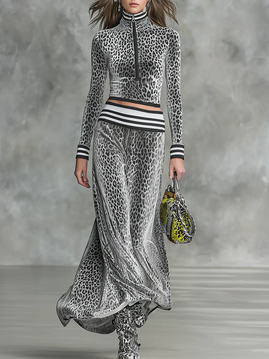 Retro Zip-up Stand-collar Leopard Print Velvet Top And Long Skirt Set sold by Oyrosy