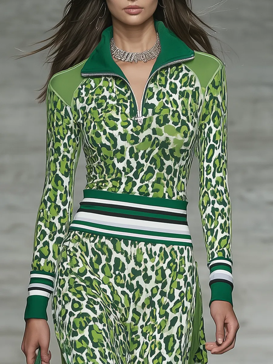 Sporty Retro Zip-up Collar Patchwork Leopard Print Midi Dress sold by Oyrosy product image thumbnail 3