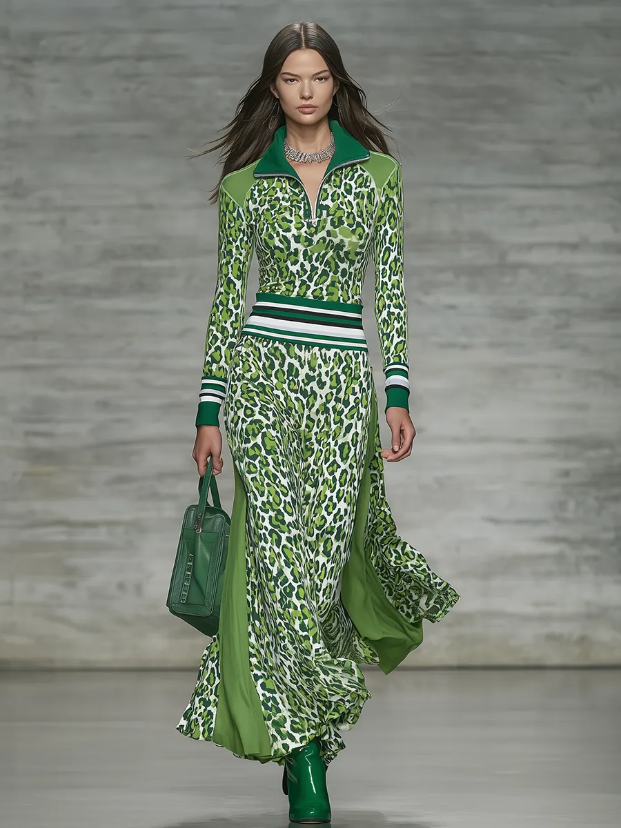 Sporty Retro Zip-up Collar Patchwork Leopard Print Midi Dress sold by Oyrosy product image thumbnail 2