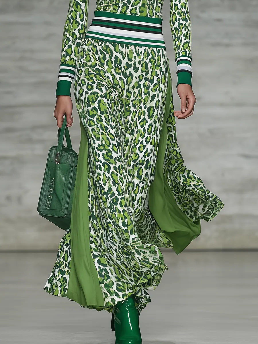 Sporty Retro Zip-up Collar Patchwork Leopard Print Midi Dress sold by Oyrosy product image thumbnail 4