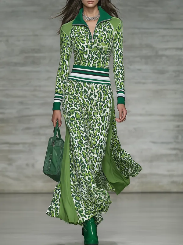 Sporty Retro Zip-up Collar Patchwork Leopard Print Midi Dress sold by Oyrosy