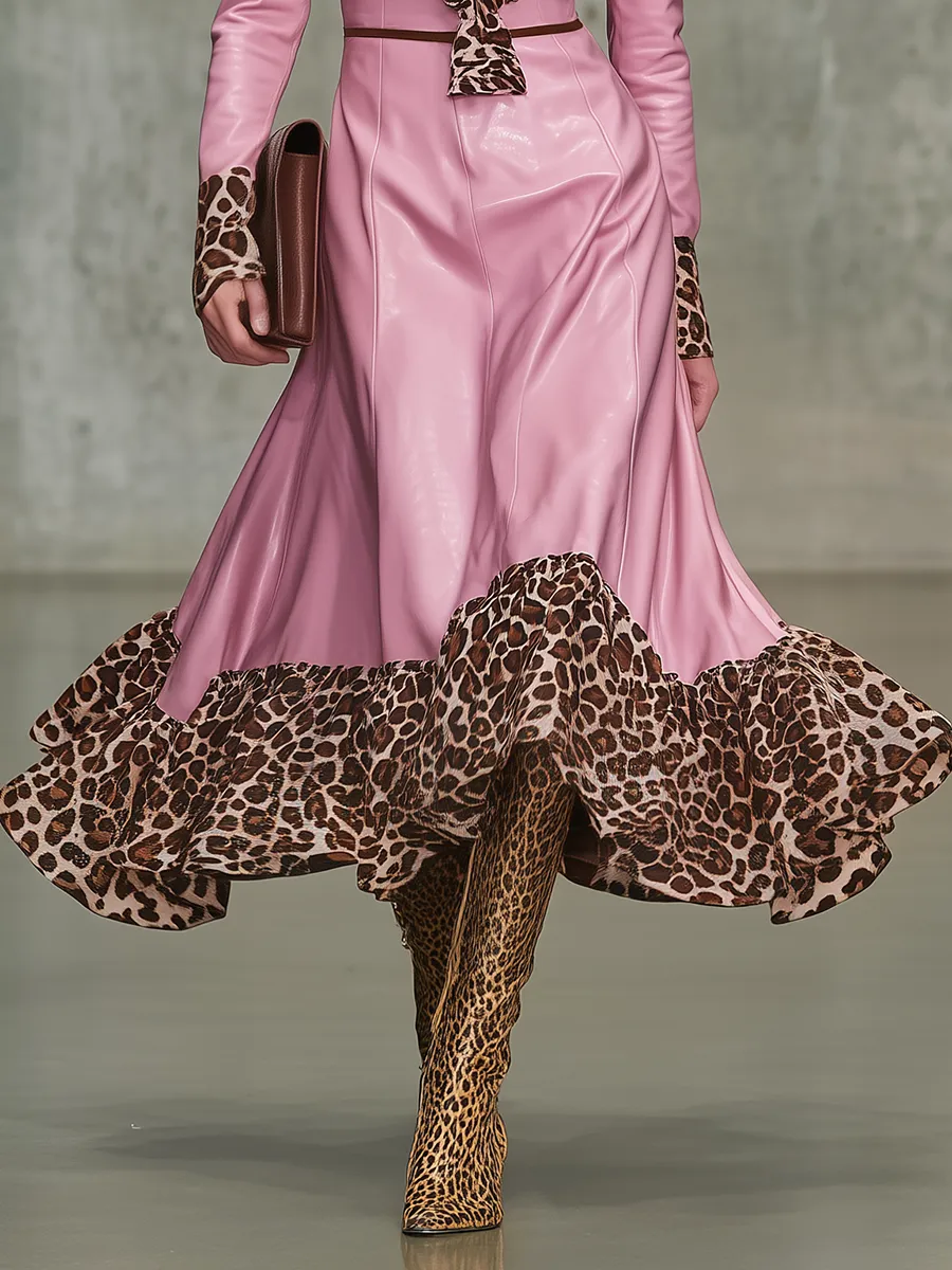 Retro Leopard Print Ruffled V-neck Faux Leather Midi Dress sold by Oyrosy product image thumbnail 4