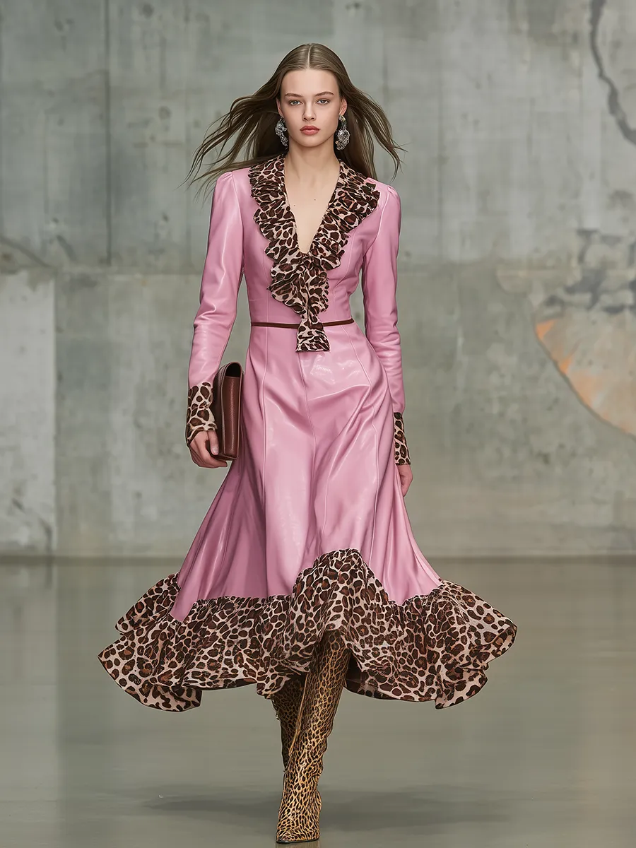 Retro Leopard Print Ruffled V-neck Faux Leather Midi Dress sold by Oyrosy product image thumbnail 2