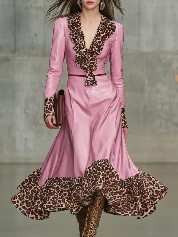 Retro Leopard Print Ruffled V-neck Faux Leather Midi Dress sold by Oyrosy