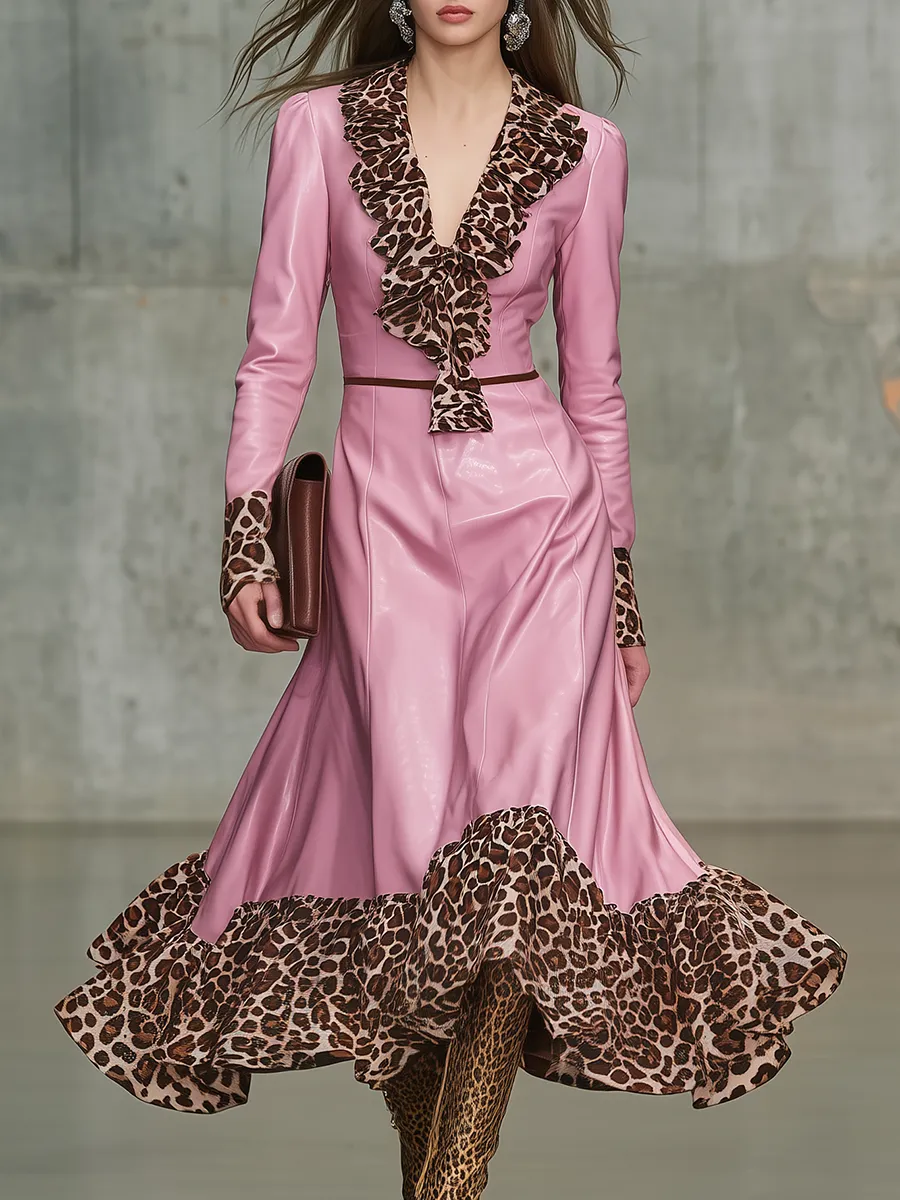 Retro Leopard Print Ruffled V-neck Faux Leather Midi Dress sold by Oyrosy