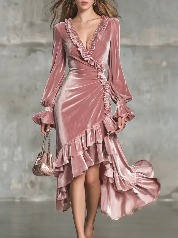 Elegant Retro V-neck Ruffled Velvet Midi Dress sold by Oyrosy