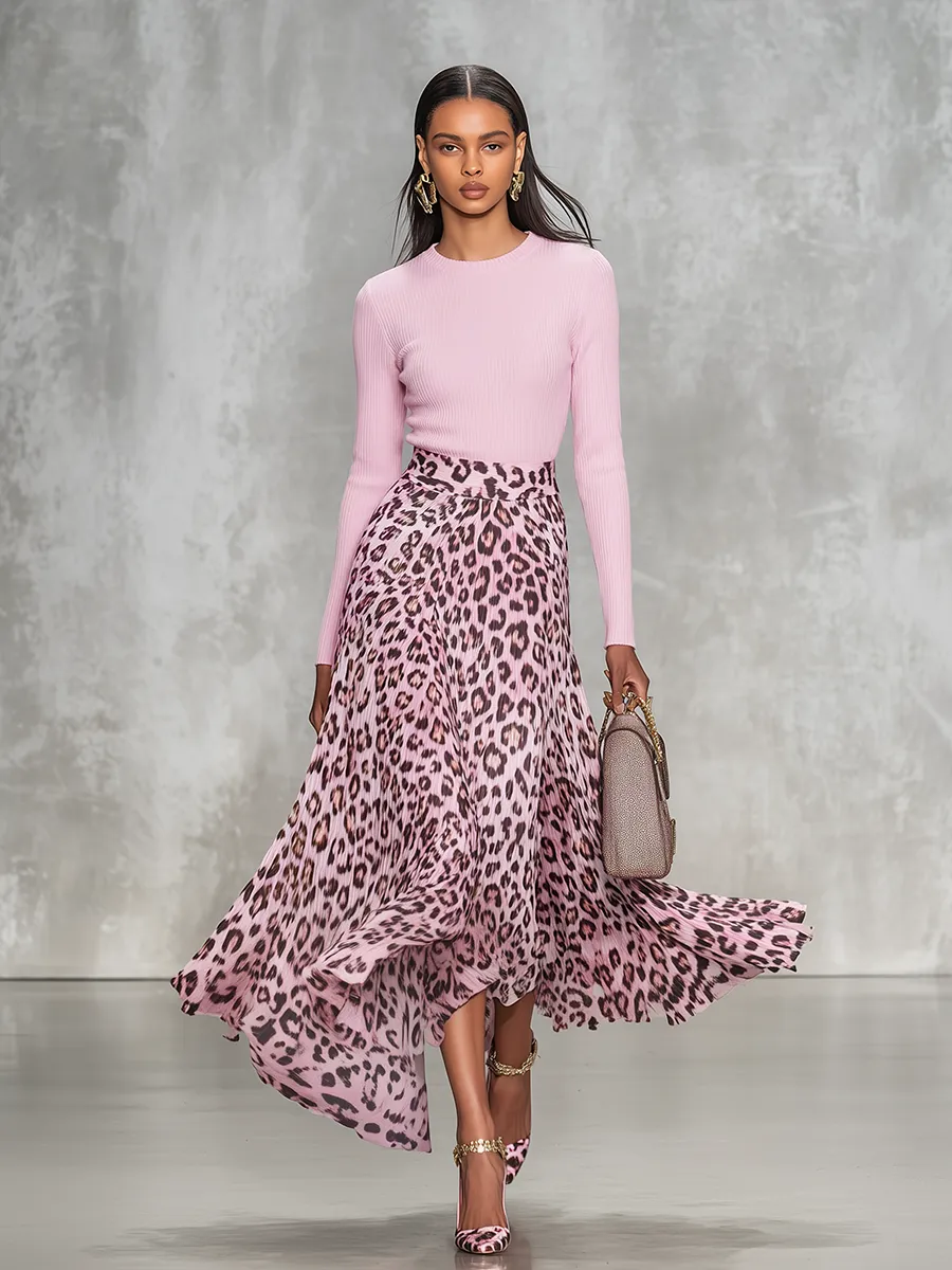 Elegant Round Neck Knitted Patchwork Leopard Print Chiffon Midi Dress sold by Oyrosy product image thumbnail 2