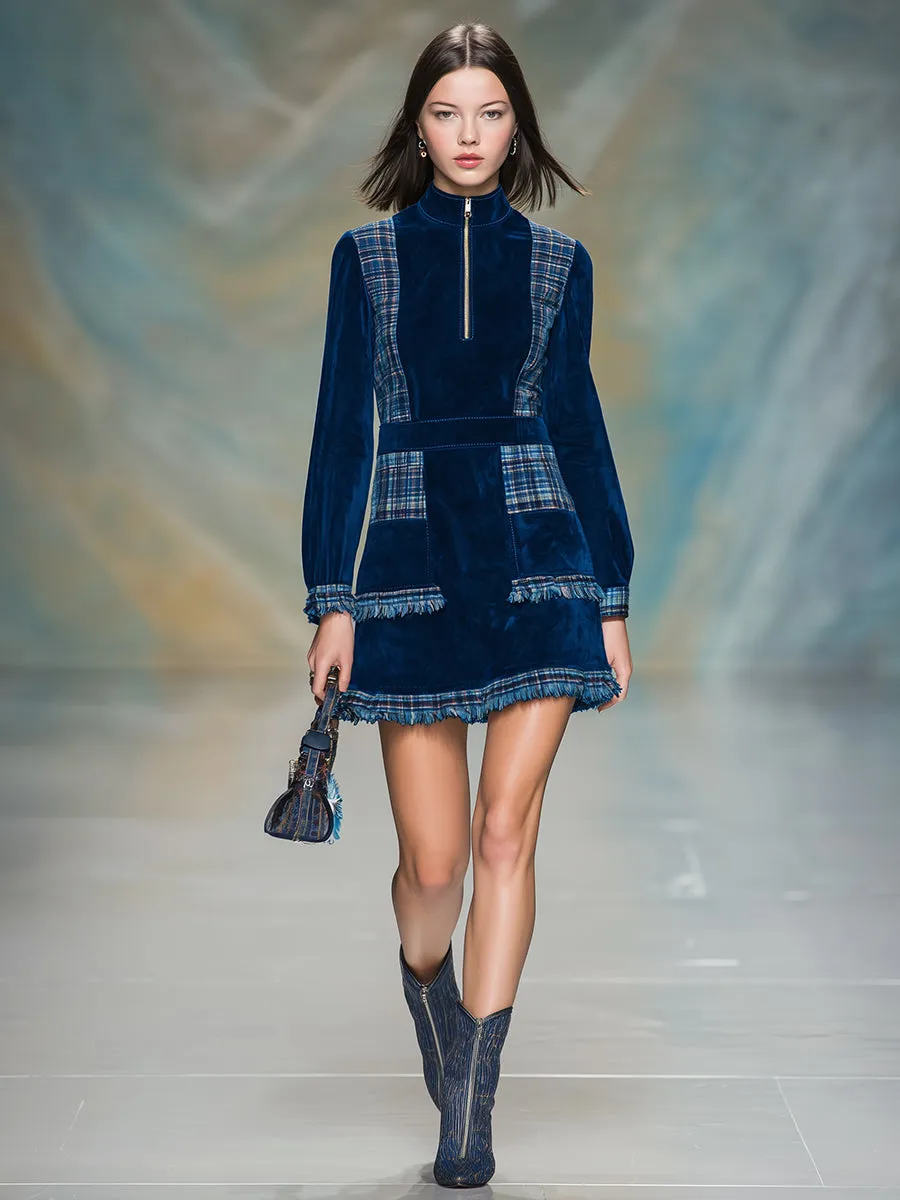 Fashionable Blue Faux Suede Patchwork Plaid Zip-up Round Neck Mini Dress sold by Oyrosy product image thumbnail 2