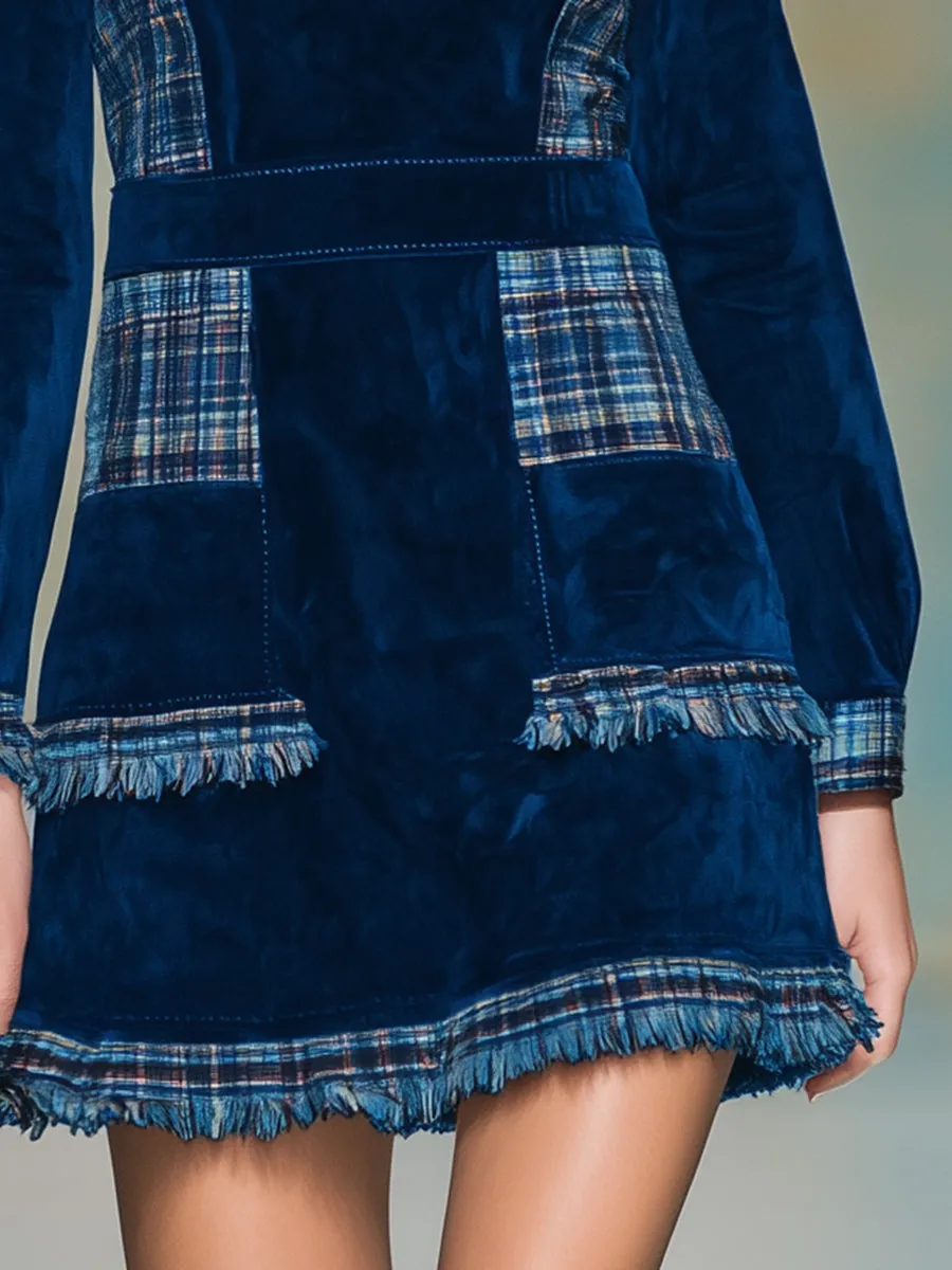 Fashionable Blue Faux Suede Patchwork Plaid Zip-up Round Neck Mini Dress sold by Oyrosy product image thumbnail 4