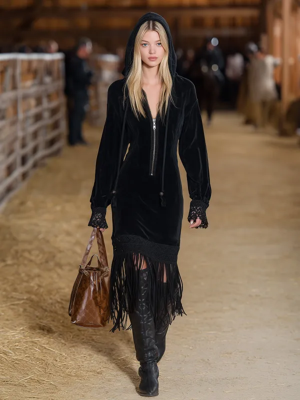 Western Black Faux Suede Patchwork Lace Tassel Zipper Midi Dress sold by Oyrosy