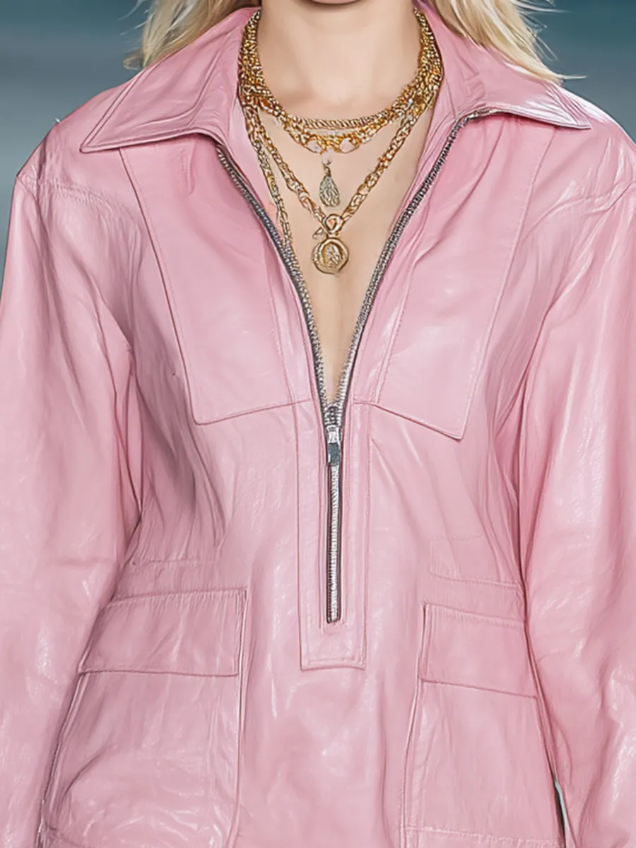 Fashionable Pink Faux Leather Zipper And Tassel Mini Dress sold by Oyrosy product image thumbnail 4