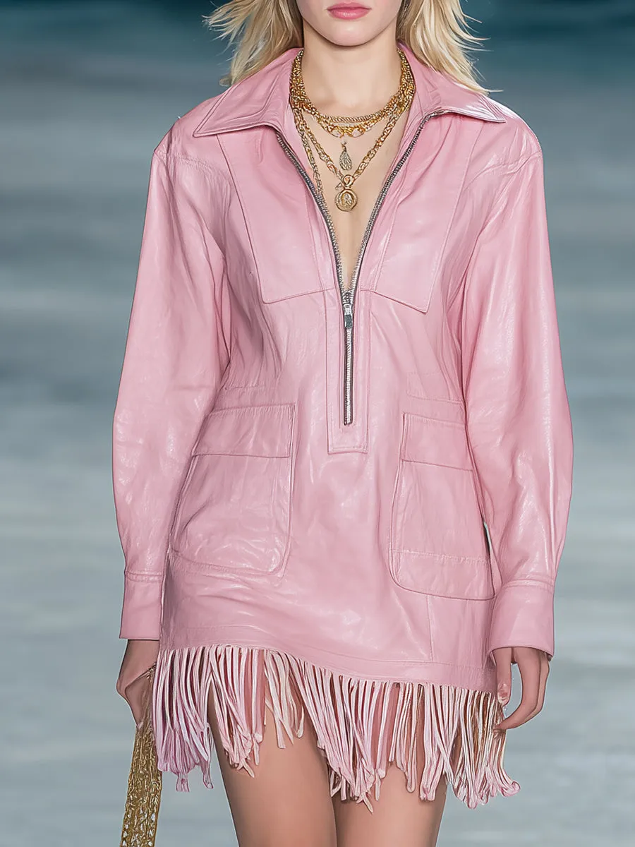 Fashionable Pink Faux Leather Zipper And Tassel Mini Dress sold by Oyrosy