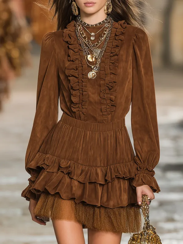 Stylish Brown Faux Suede Ruffled Tulle Mini Dress sold by Oyrosy