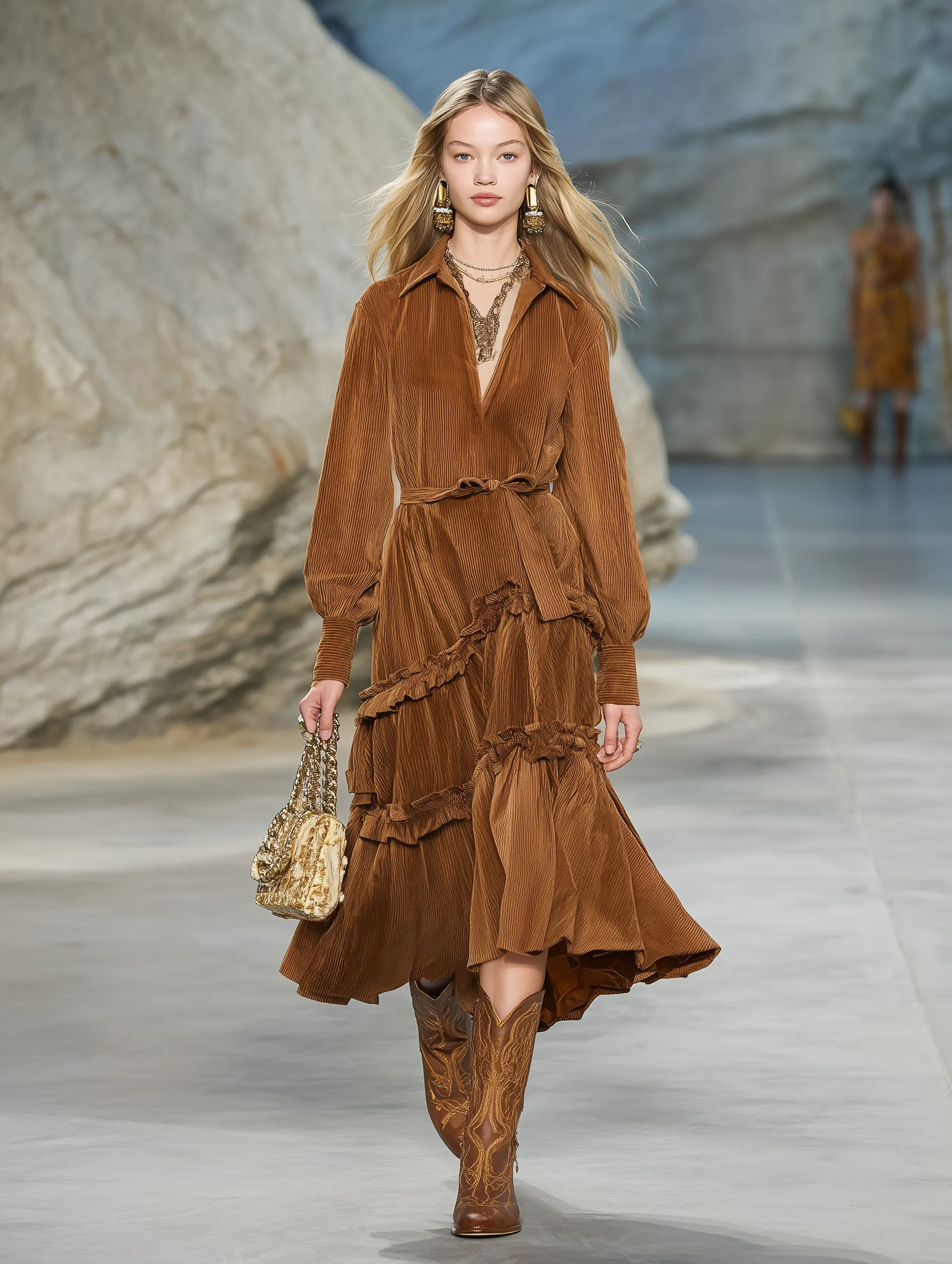 Vintage Brown Corduroy Ruffled Belted Midi Dress sold by Oyrosy product image thumbnail 2