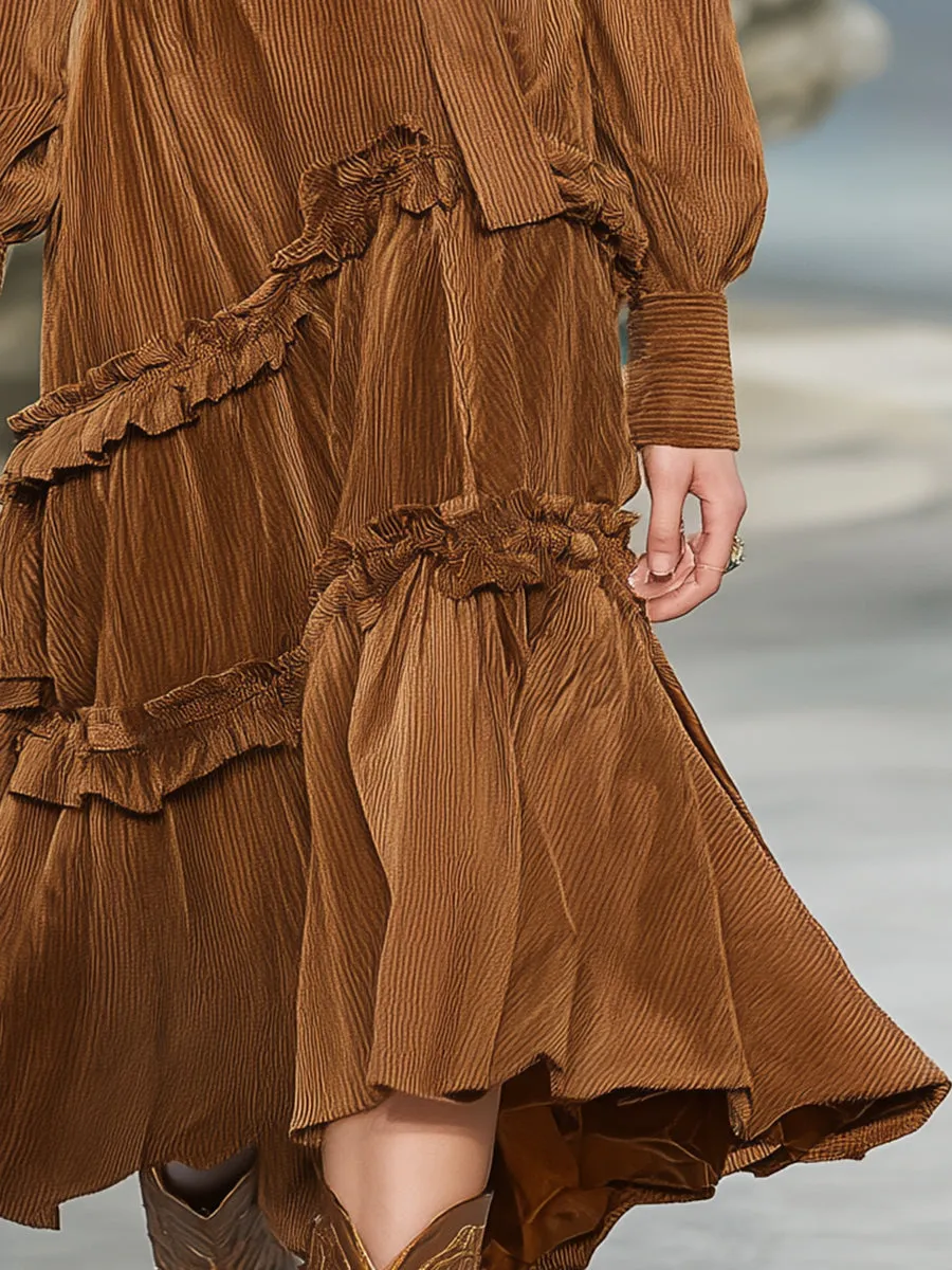 Vintage Brown Corduroy Ruffled Belted Midi Dress sold by Oyrosy product image thumbnail 3