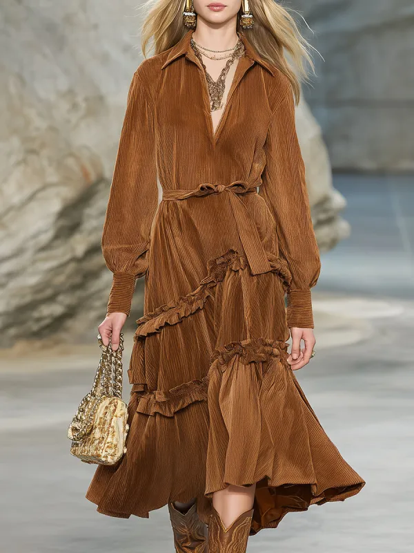 Vintage Brown Corduroy Ruffled Belted Midi Dress sold by Oyrosy