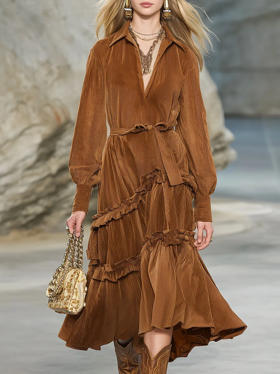 Vintage Brown Corduroy Ruffled Belted Midi Dress sold by Oyrosy