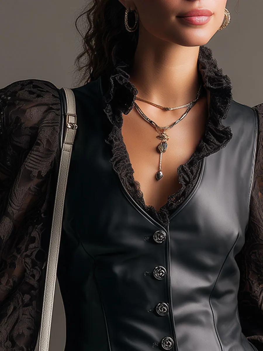 Fashionable Retro Black Lace Long-sleeved PU Vest Shirt sold by Oyrosy product image thumbnail 4