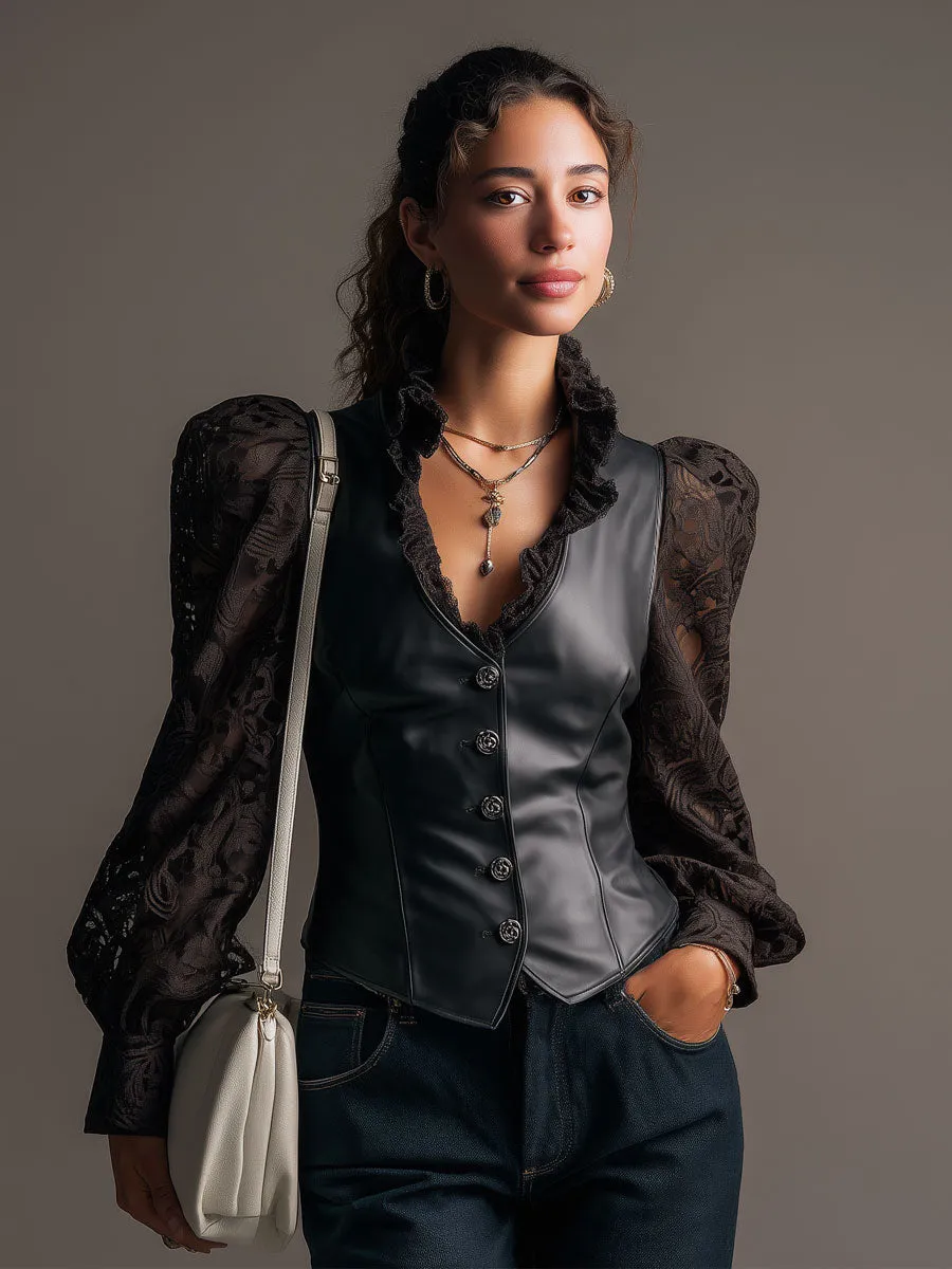 Fashionable Retro Black Lace Long-sleeved PU Vest Shirt sold by Oyrosy product image thumbnail 2