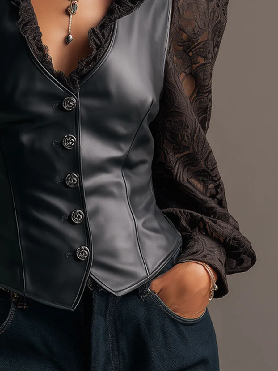 Fashionable Retro Black Lace Long-sleeved PU Vest Shirt sold by Oyrosy product image thumbnail 3