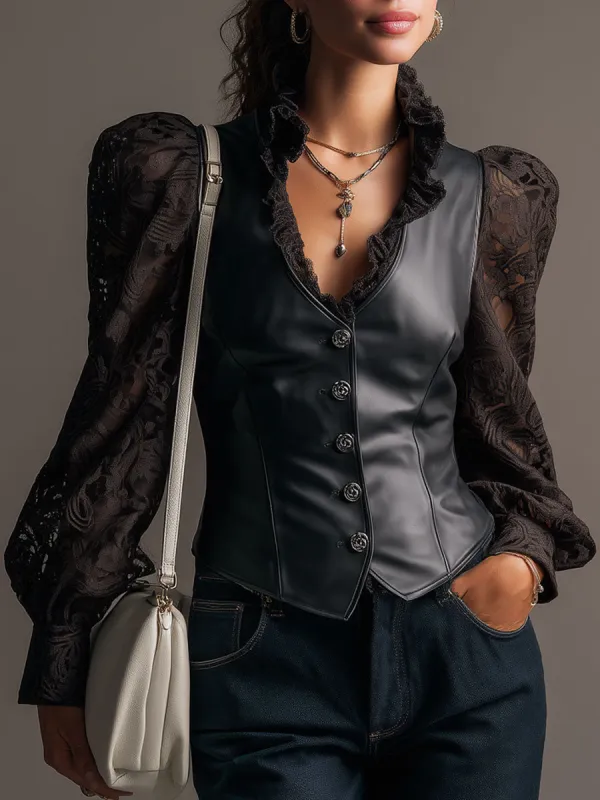 Fashionable Retro Black Lace Long-sleeved PU Vest Shirt sold by Oyrosy