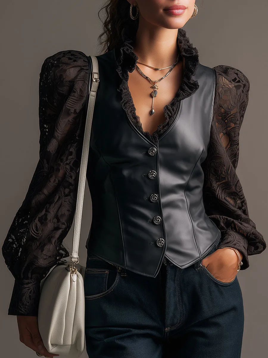 Fashionable Retro Black Lace Long-sleeved PU Vest Shirt sold by Oyrosy