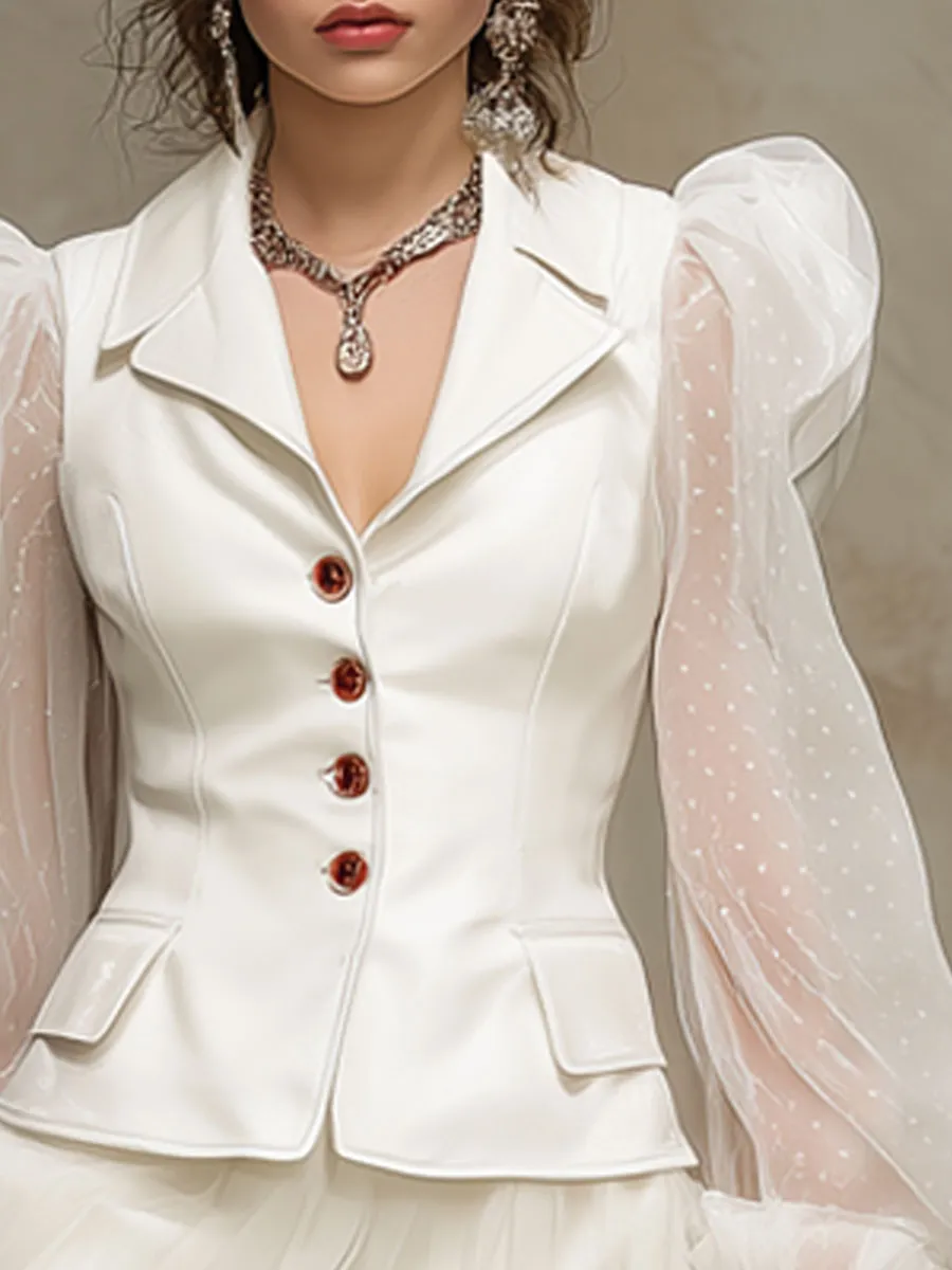 Fashionable Retro White Polka Dot Tulle Long-sleeved PU Suit Skirt Set sold by Oyrosy product image thumbnail 3