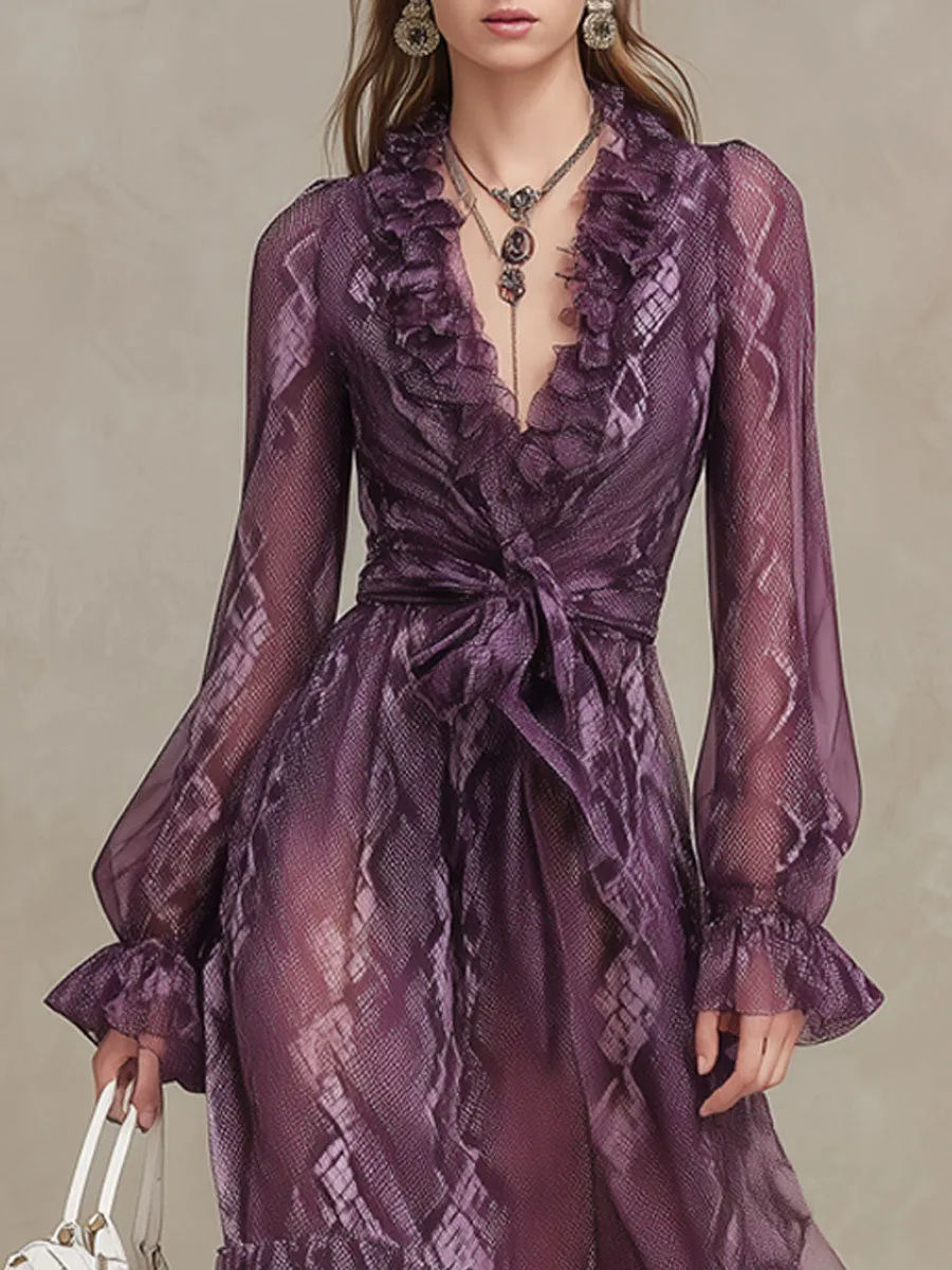 Western Retro Long-Sleeved Snake Print Purple Chiffon Ruffle Maxi Dress sold by Oyrosy product image thumbnail 3