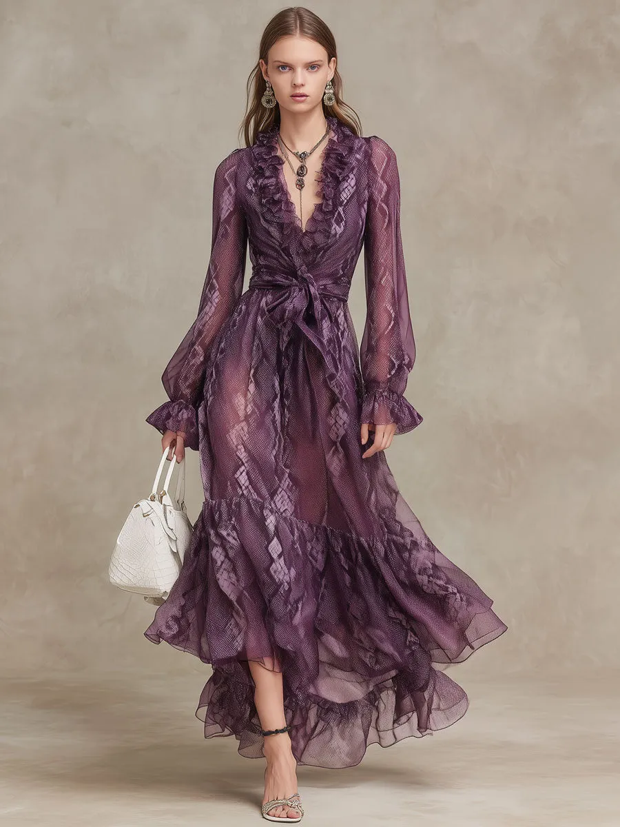 Western Retro Long-Sleeved Snake Print Purple Chiffon Ruffle Maxi Dress sold by Oyrosy product image thumbnail 2