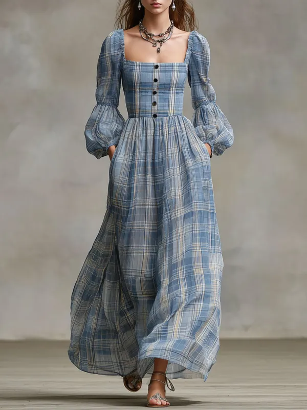 Western Retro Long-Sleeved Blue And White Checkered Chiffon Maxi Dress sold by Oyrosy