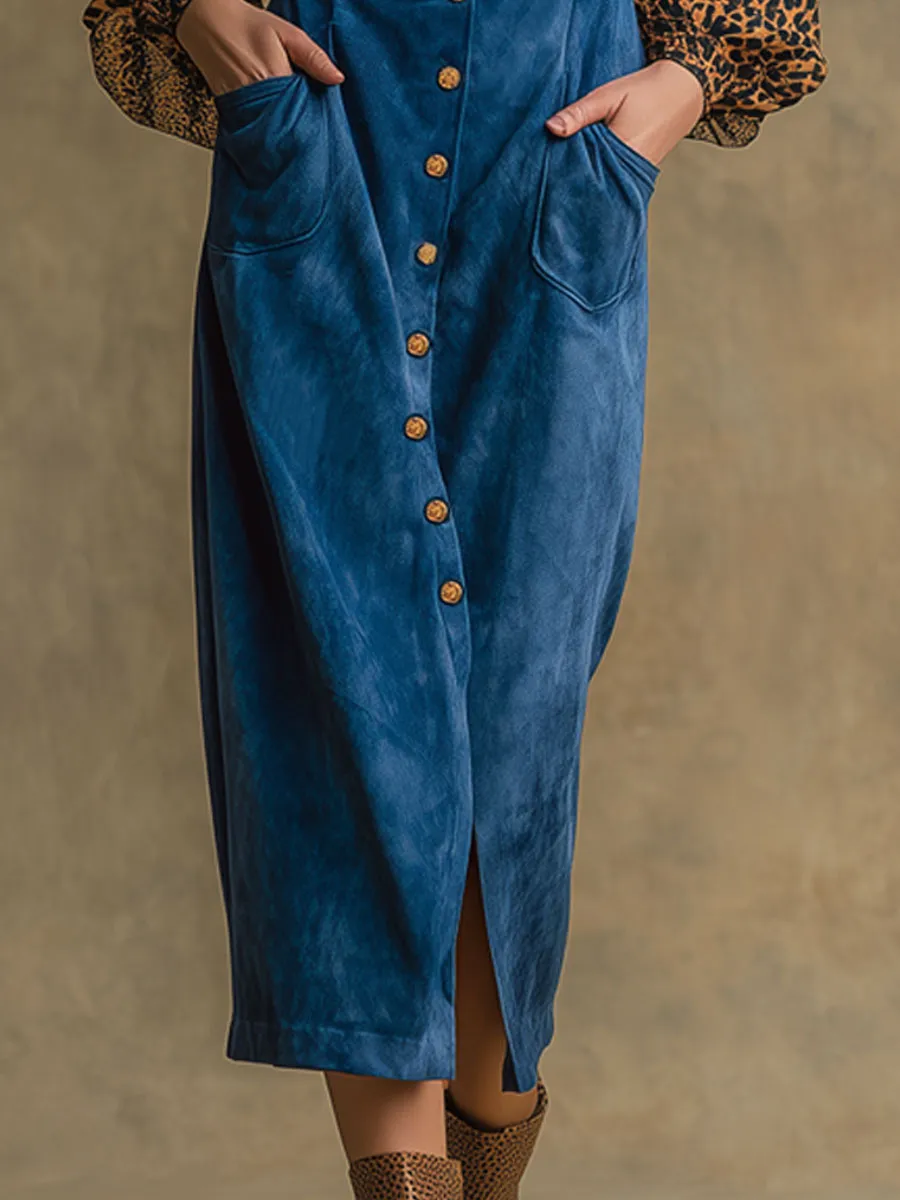 Western Retro Long-Sleeved Chiffon Leopard Print Blue Faux Suede Midi Dress sold by Oyrosy product image thumbnail 4