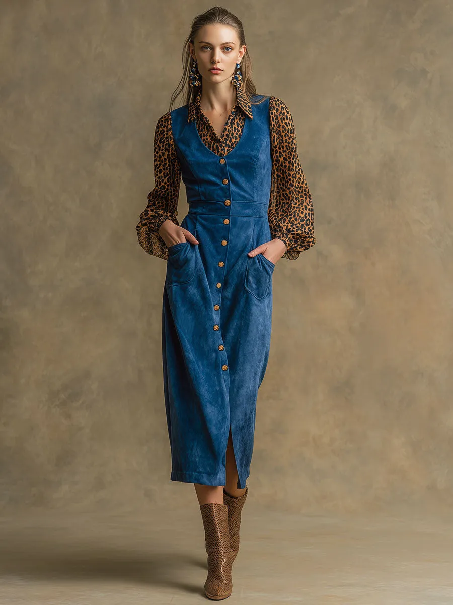 Western Retro Long-Sleeved Chiffon Leopard Print Blue Faux Suede Midi Dress sold by Oyrosy product image thumbnail 2