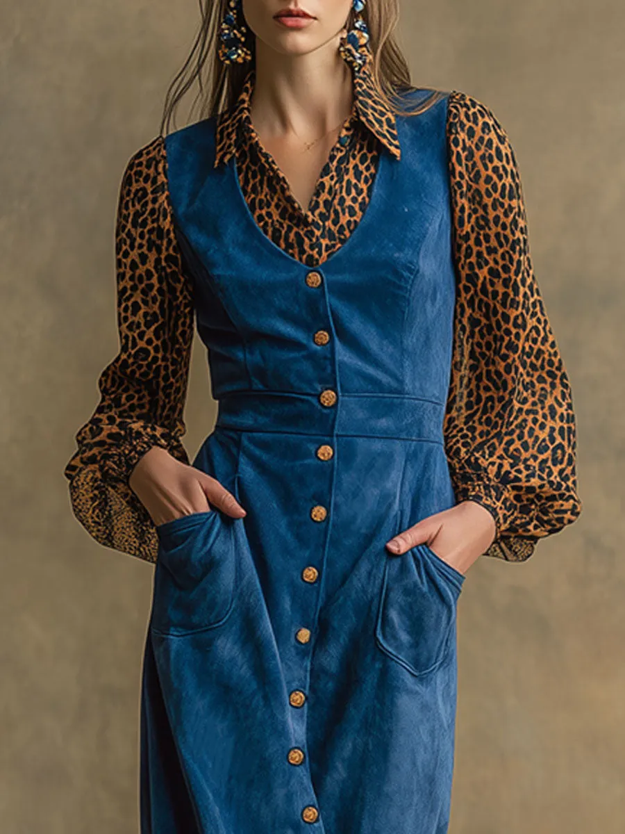 Western Retro Long-Sleeved Chiffon Leopard Print Blue Faux Suede Midi Dress sold by Oyrosy product image thumbnail 3
