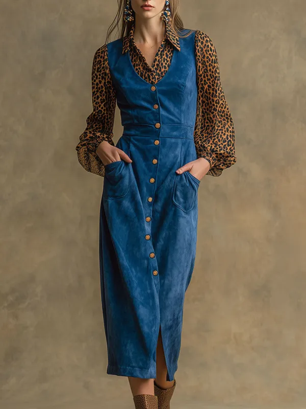 Western Retro Long-Sleeved Chiffon Leopard Print Blue Faux Suede Midi Dress sold by Oyrosy
