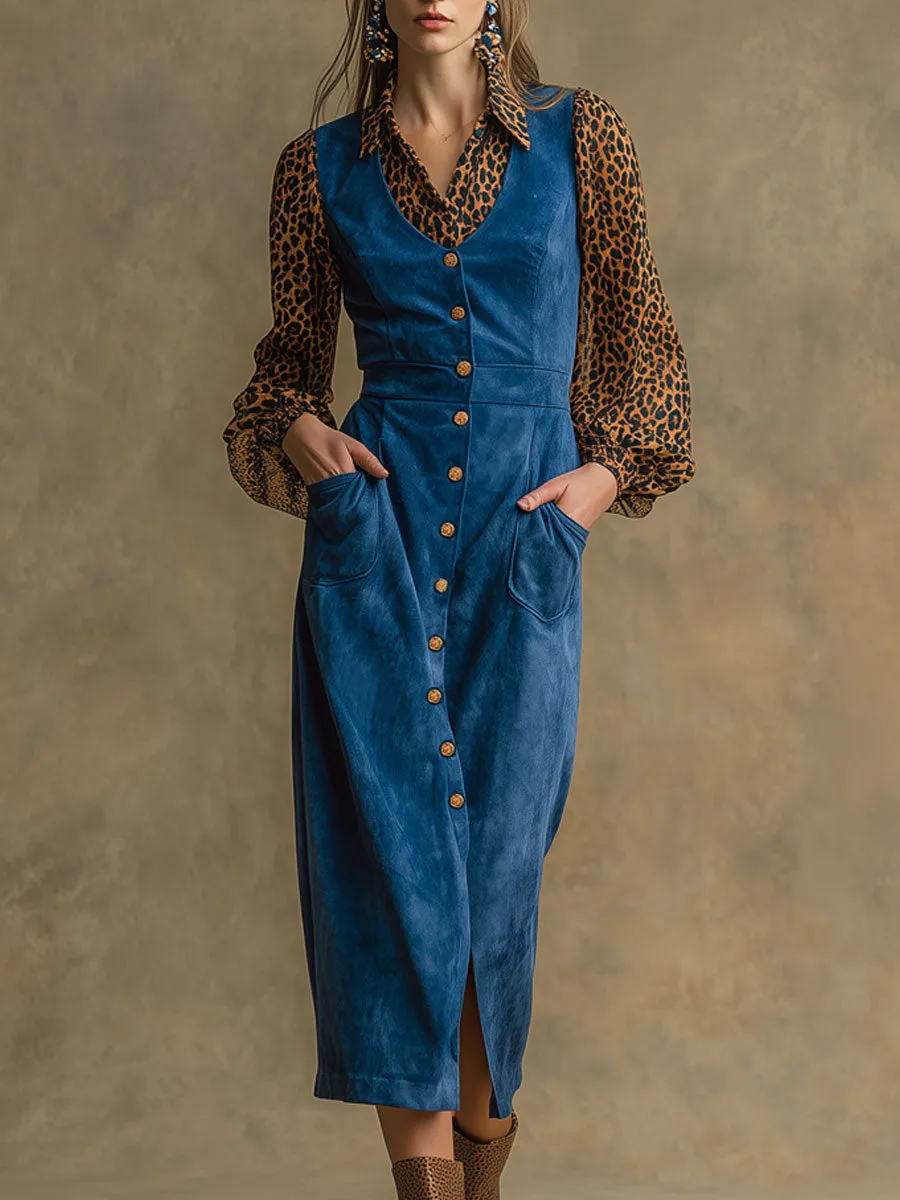 Western Retro Long-Sleeved Chiffon Leopard Print Blue Faux Suede Midi Dress sold by Oyrosy