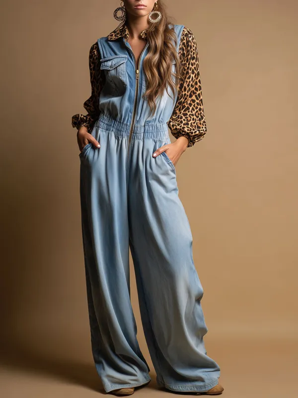 Western Retro Long-Sleeved Chiffon Leopard Print Light Blue Denim Wide-Leg Jumpsuit sold by Oyrosy