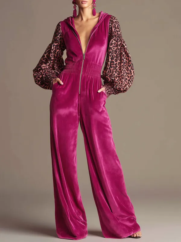 Casual Retro Long-Sleeved Chiffon Leopard Print Rose Red Velvet Wide-Leg Hooded Jumpsuit sold by Oyrosy