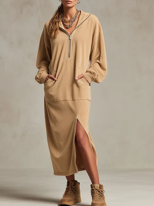 Casual Sporty Retro Camel Hooded Sweatshirt With Slit Midi Dress sold by Oyrosy