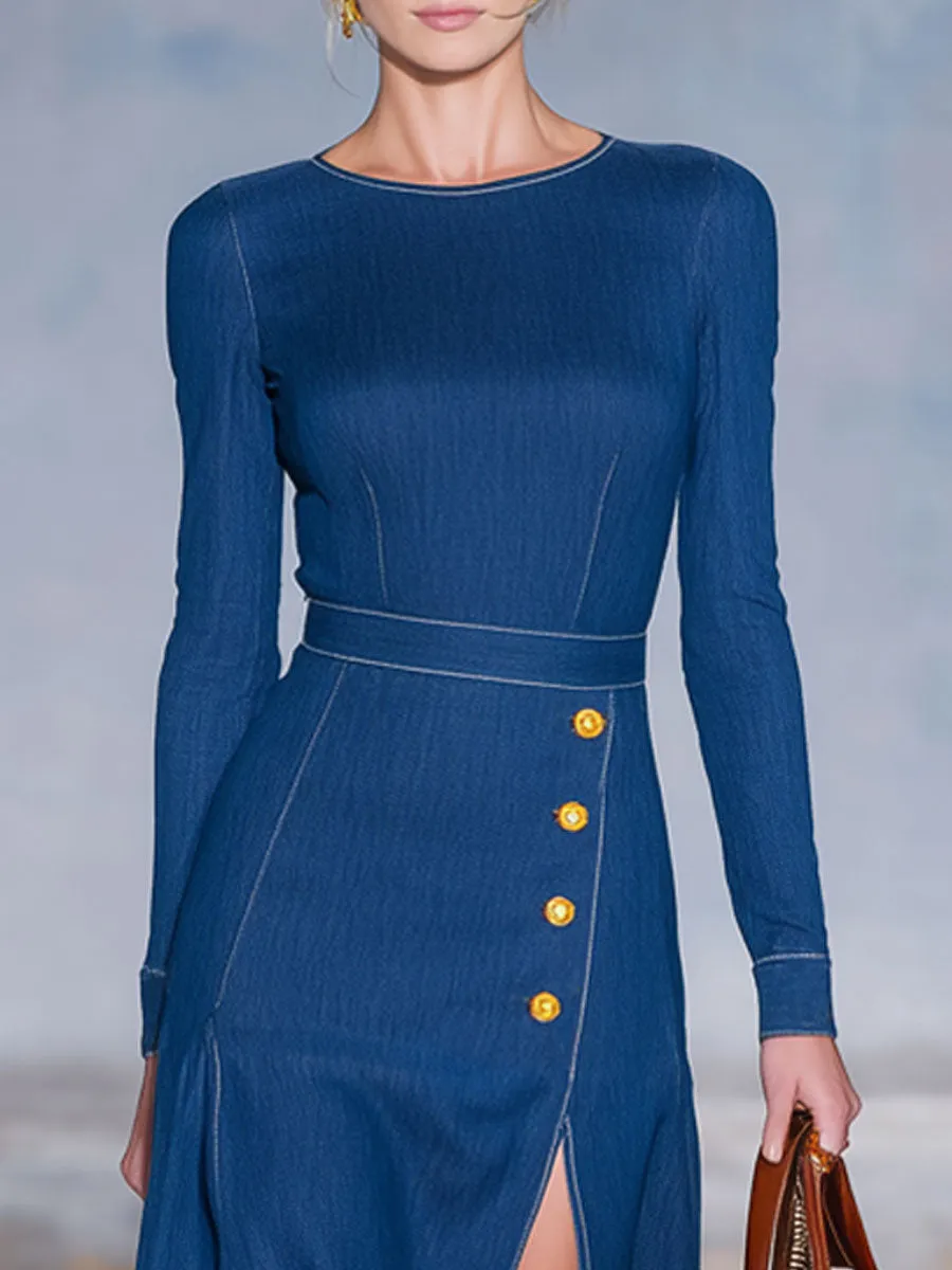 Retro Round Neck Side Slit Denim Long-sleeved Midi Dress sold by Oyrosy product image thumbnail 2