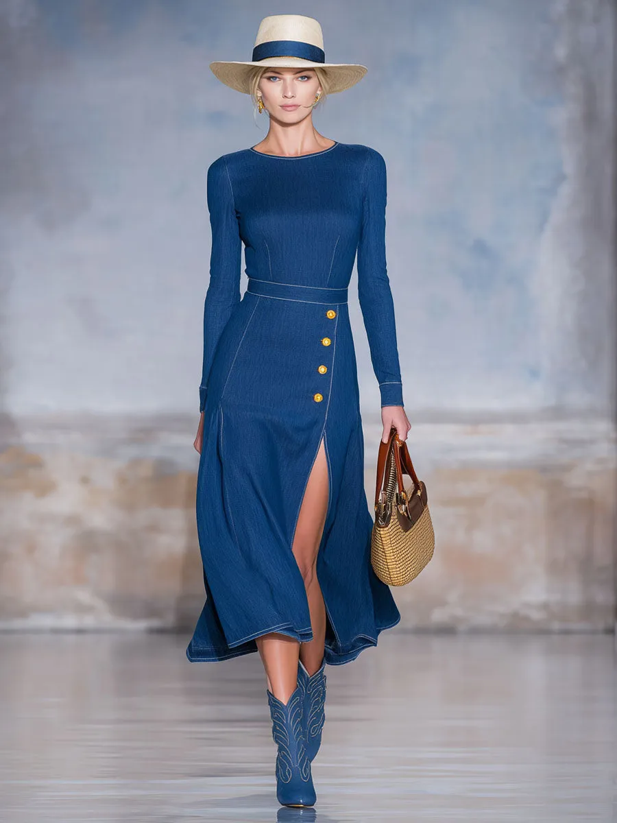 Retro Round Neck Side Slit Denim Long-sleeved Midi Dress sold by Oyrosy product image thumbnail 4