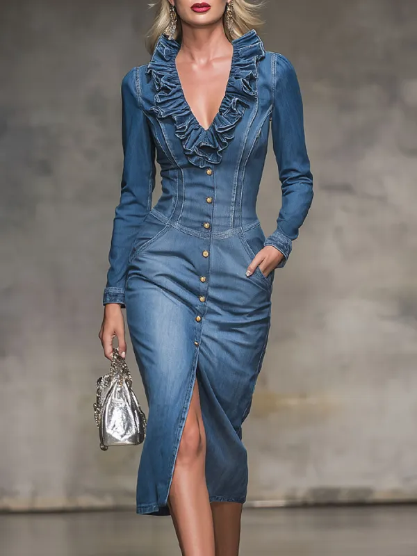 Retro V-neck Ruffled Denim Long-sleeved Midi Dress made by Oyrosy