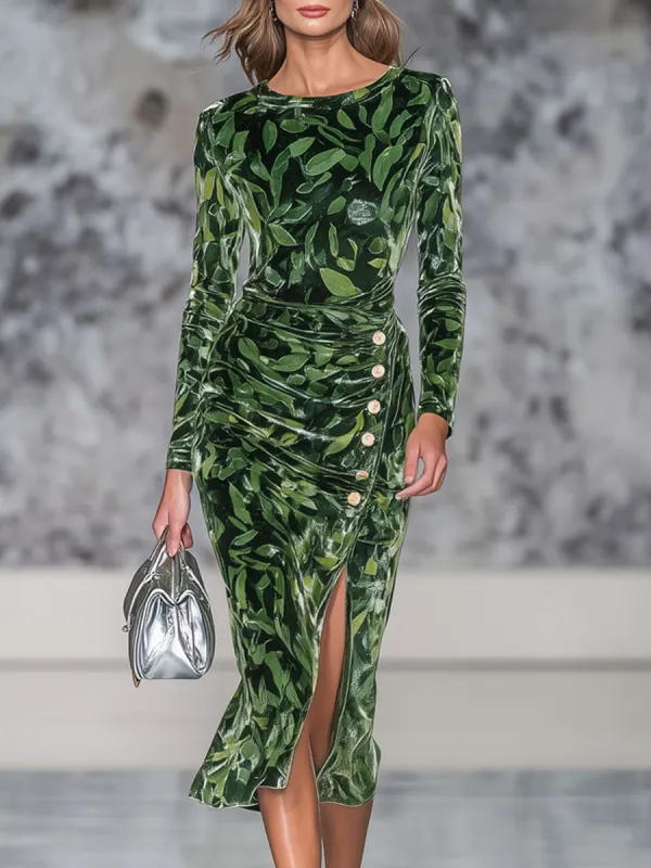 Retro Leaf Print Velvet Round Neck Side Slit Long Sleeve Midi Dress sold by Oyrosy