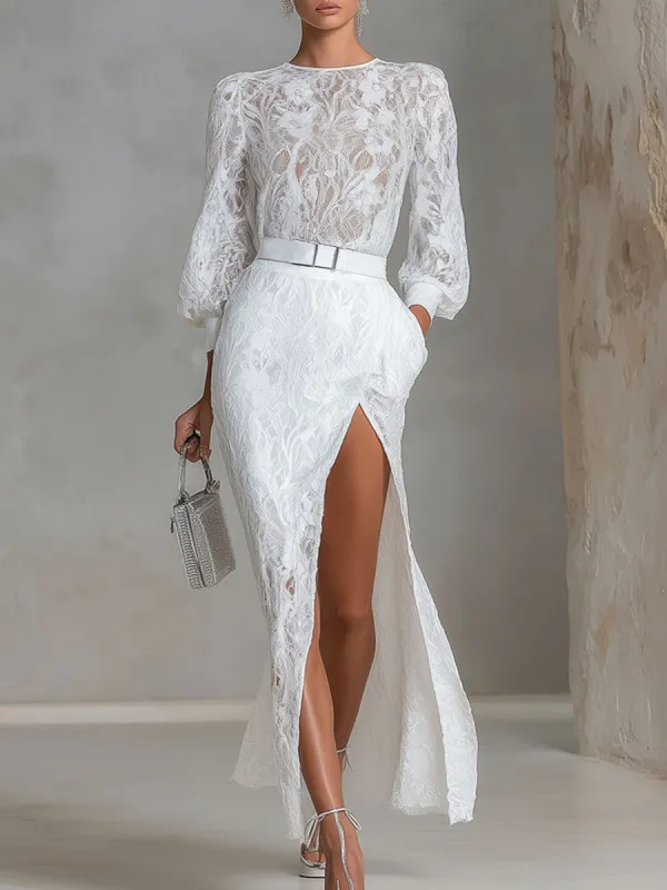 Elegant Round-neck Lace Long-sleeved Top And Slit Lace Skirt Set sold by Oyrosy
