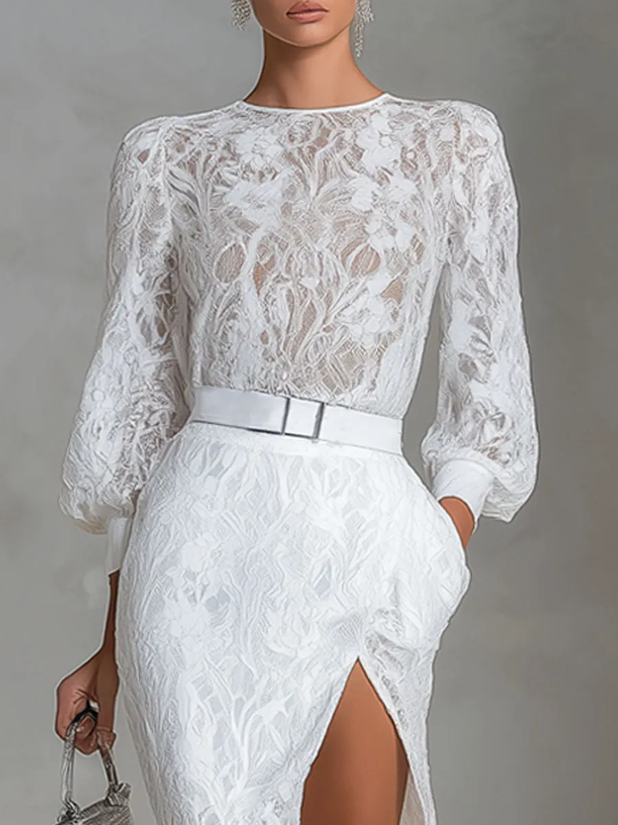 Elegant Round-neck Lace Long-sleeved Top And Slit Lace Skirt Set sold by Oyrosy product image thumbnail 2